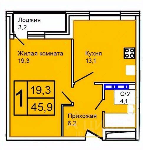 Планировка 1 комнатной квартиры, 45.9 м², в «Троицкий»