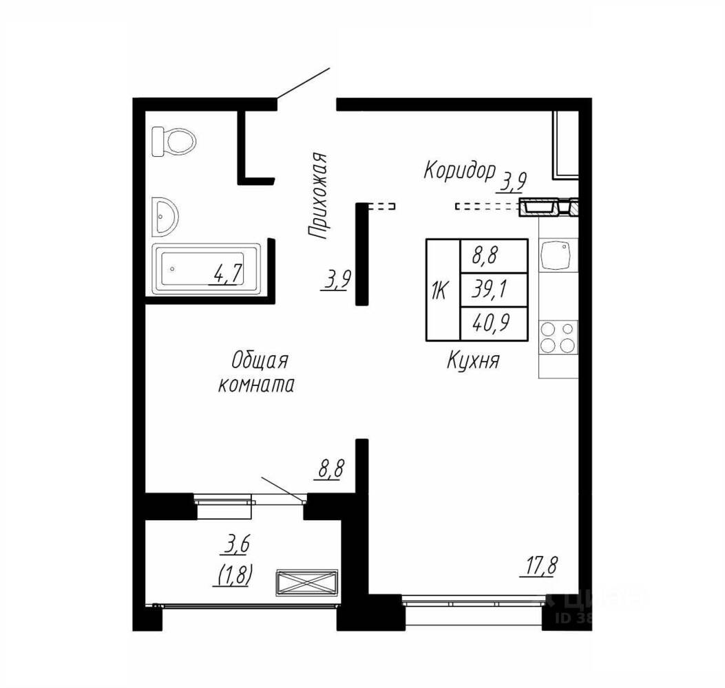 Планировка 1 комнатной квартиры, 40.9 м², в «Сибирь»