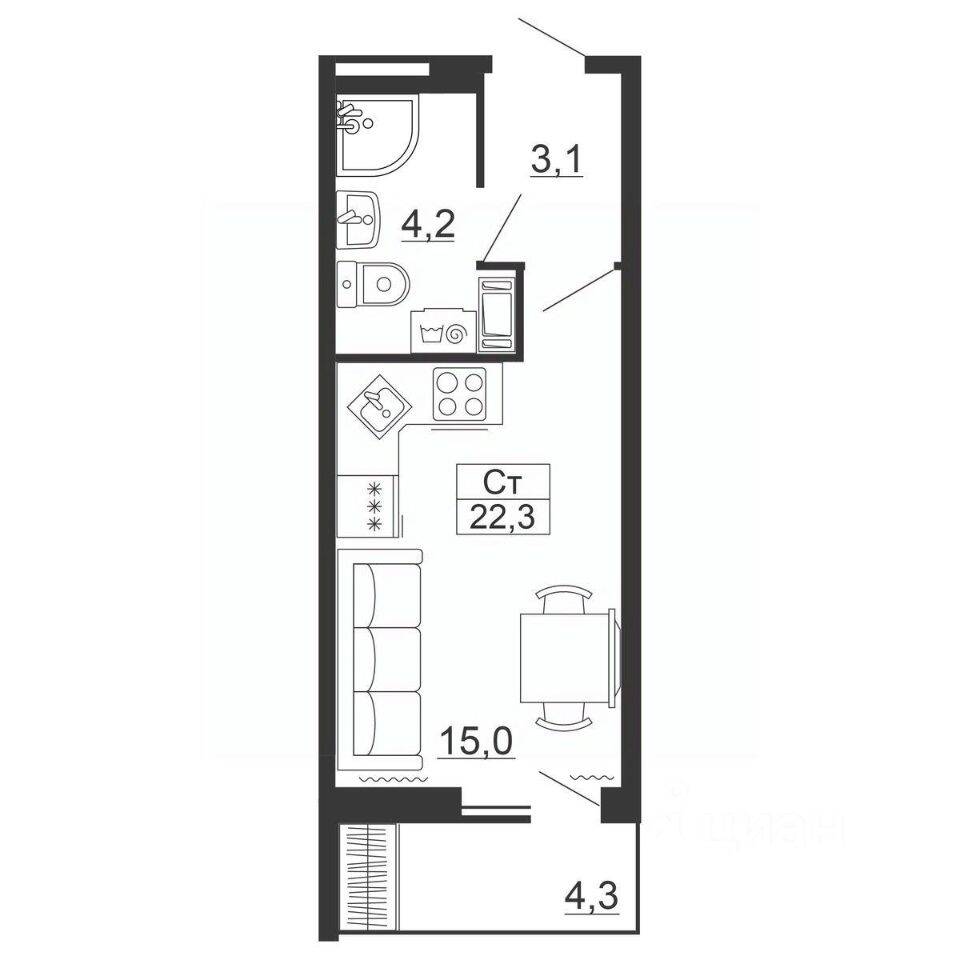 Квартира-студия, 22,3 м², в ЖК Рубеж