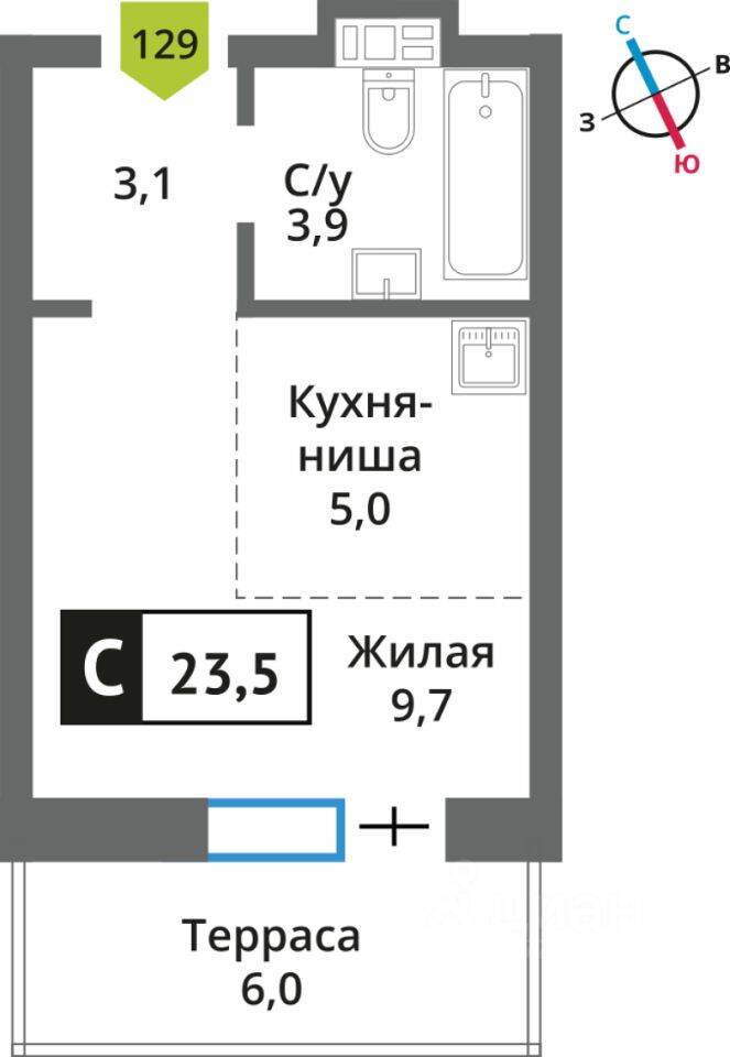 Планировка 1 комнатной квартиры, 23.5 м², в «Никольский квартал Отрада»