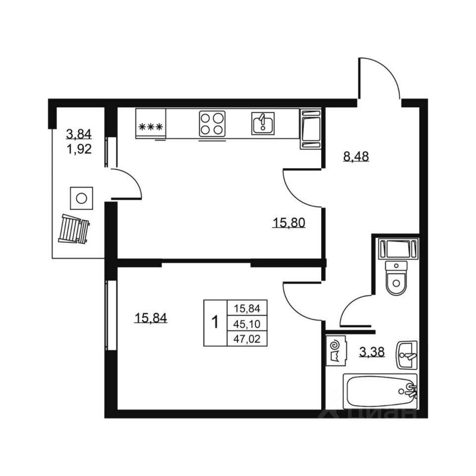 1-комн. квартира, 47,02 м², в ЖК «Высота» (Бугры)