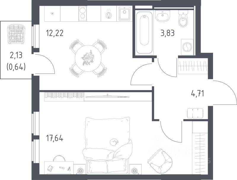 1-комн. квартира, 39,04 м², в ЖК «Остафьево»