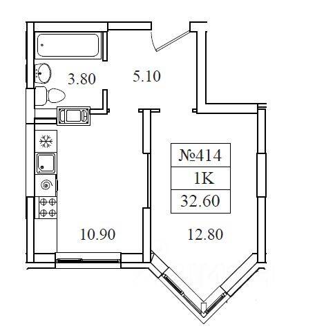 Планировка 1 комнатной квартиры, 32.6 м², в «Видный берег 2»