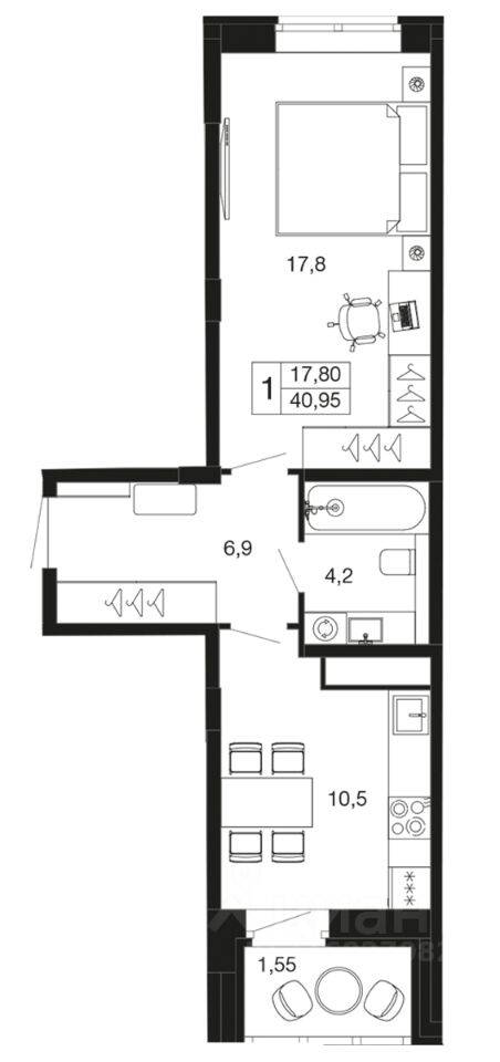 1-комн. квартира, 41 м², в ЖК «Времена года»