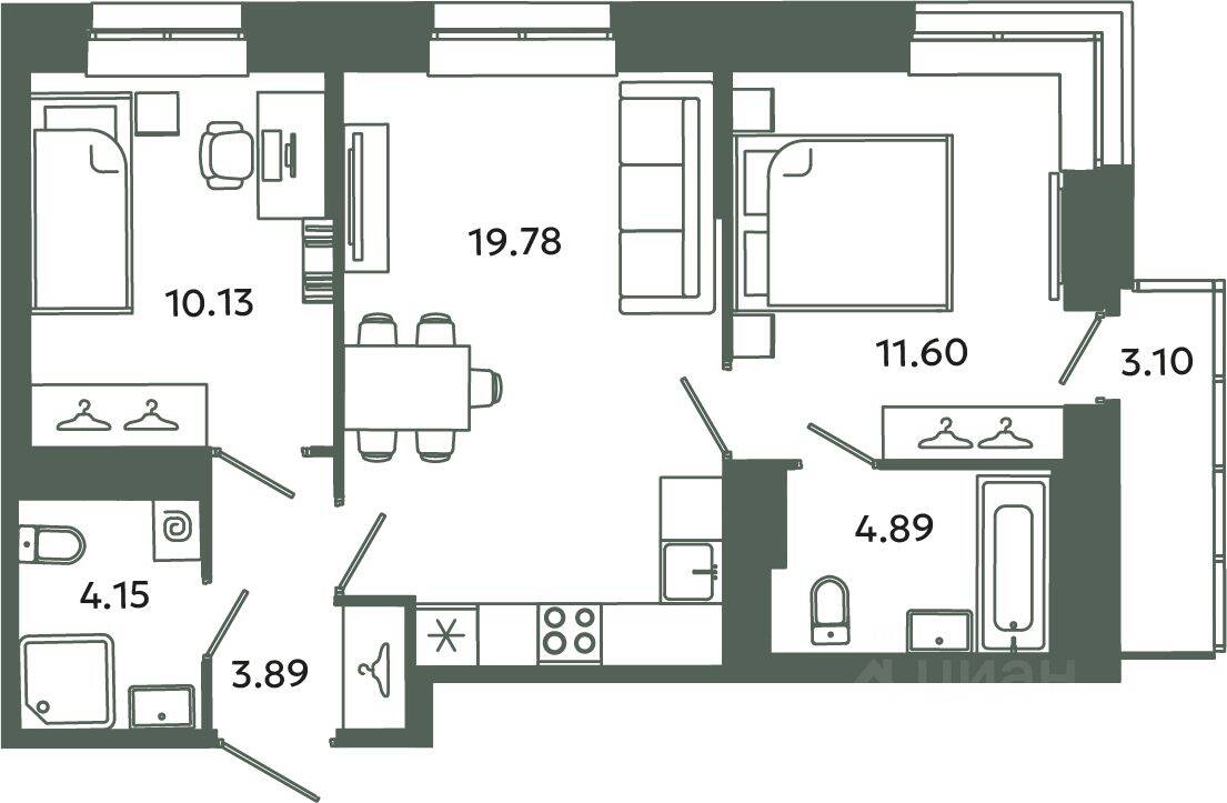 2-комн. квартира, 54,44 м², в ЖК Загляденье