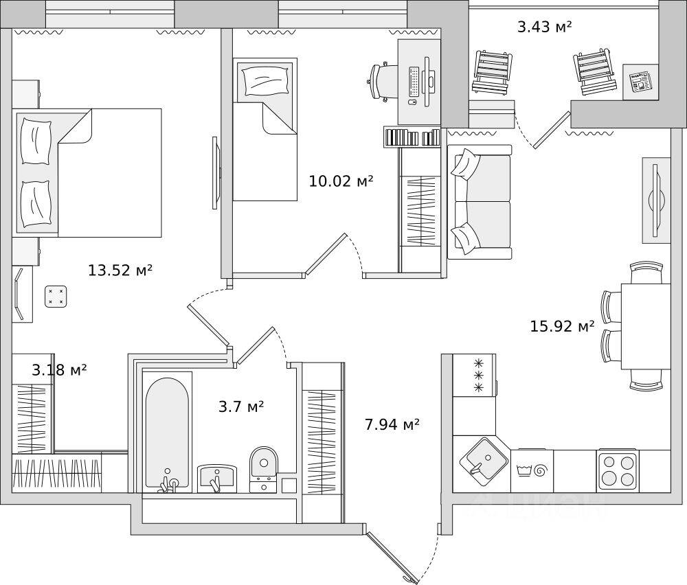 2-комн. квартира, 57,71 м², в ЖК ЦДС «Dreamline»