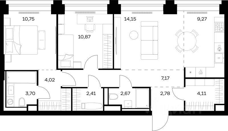 2-комн. квартира, 71,9 м², в ЖК Nova