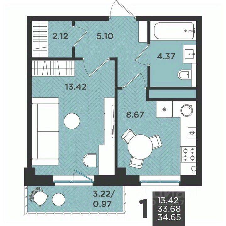 Планировка 1 комнатной квартиры, 34.65 м², в «Новокасимово»