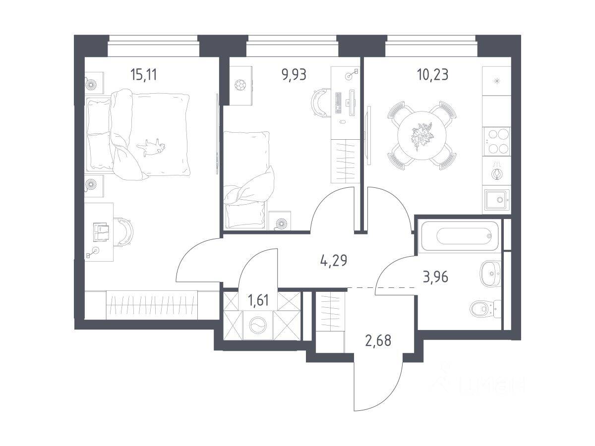 2-комн. квартира, 47,81 м², в ЖК Богдановский Лес