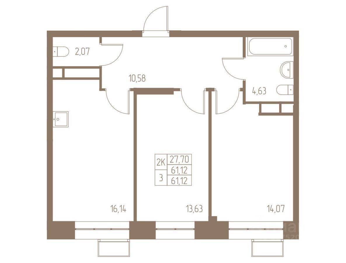 2-комн. квартира, 61,12 м², в ЖК Фабрикант