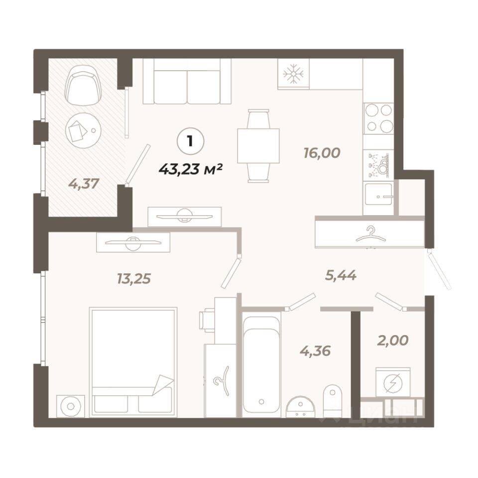1-комн. квартира, 43,23 м², в ЖК «Знатный»