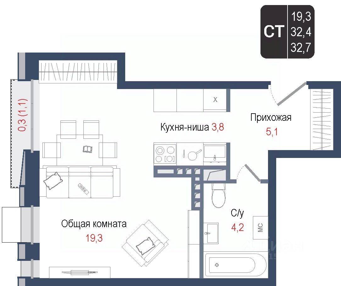 Планировка 1 комнатной квартиры, 32.4 м², в «Киноквартал»
