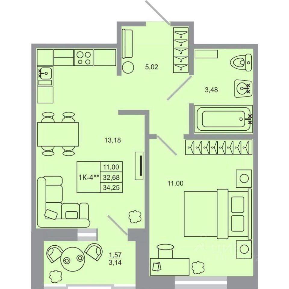Планировка 1 комнатной квартиры, 34.25 м², в «Стороны света-2»