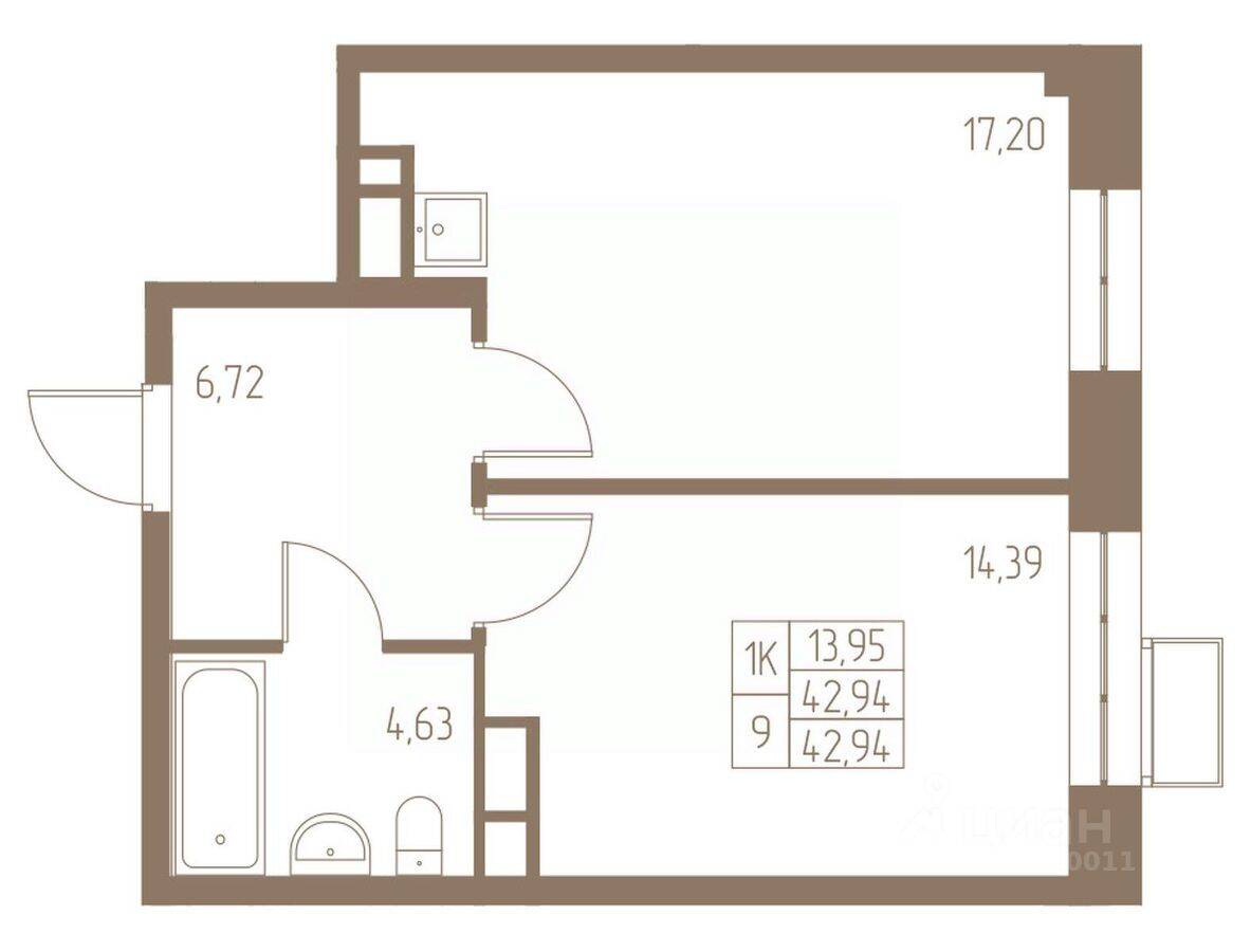 1-комн. квартира, 42,94 м², в ЖК Фабрикант