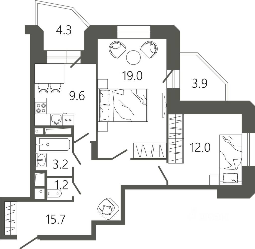 Планировка 2 комнатной квартиры, 64.8 м², в «Советская 18»