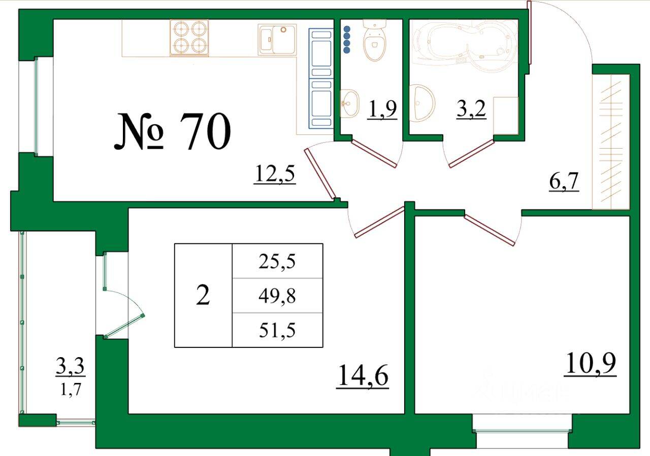 2-комн. квартира, 51,5 м², в ЖК Орловский бульвар