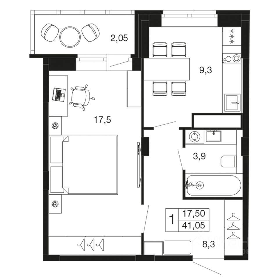 1-комн. квартира, 41,1 м², в ЖК «Времена года»