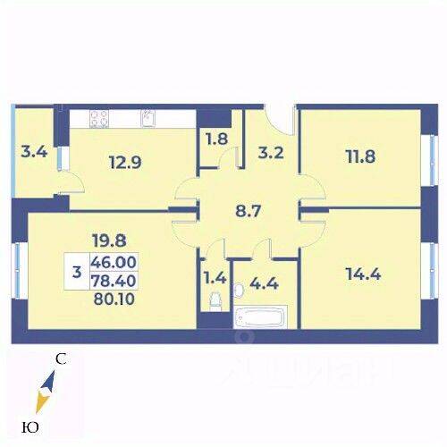 3-комн. квартира, 80,1 м², в ЖК «Эдельвейс» (ЦентрСтрой)