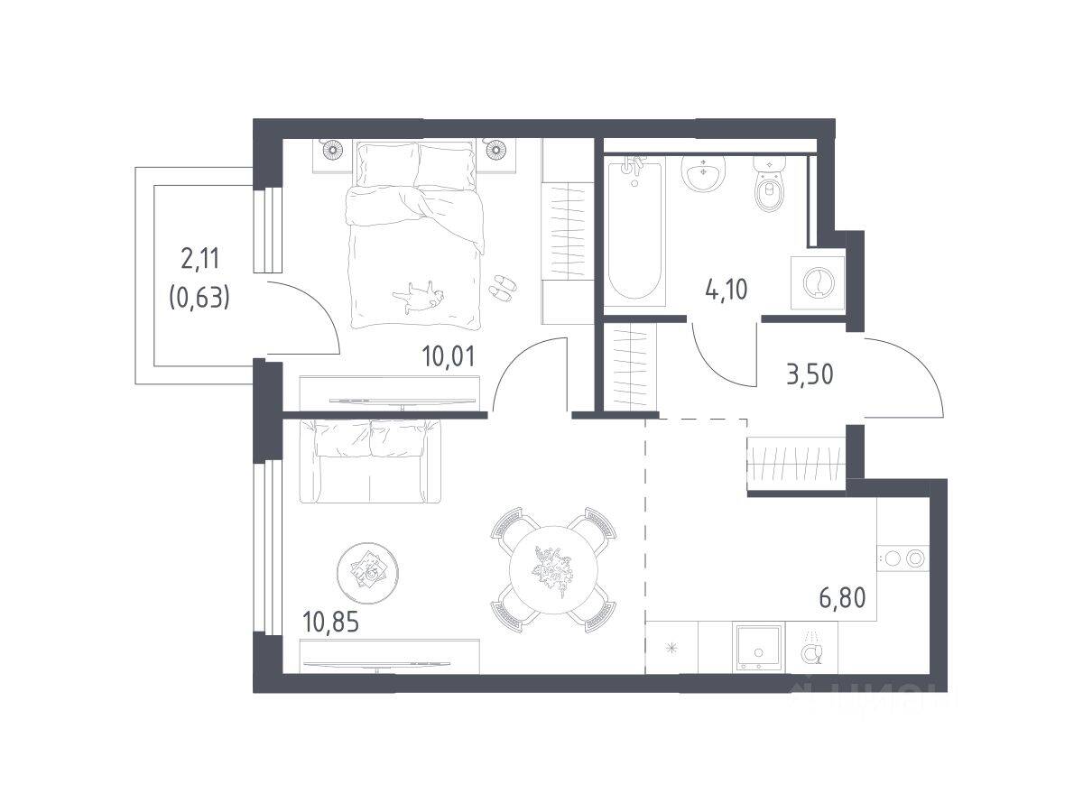 1-комн. квартира, 35,89 м², в ЖК «Пригород Лесное»