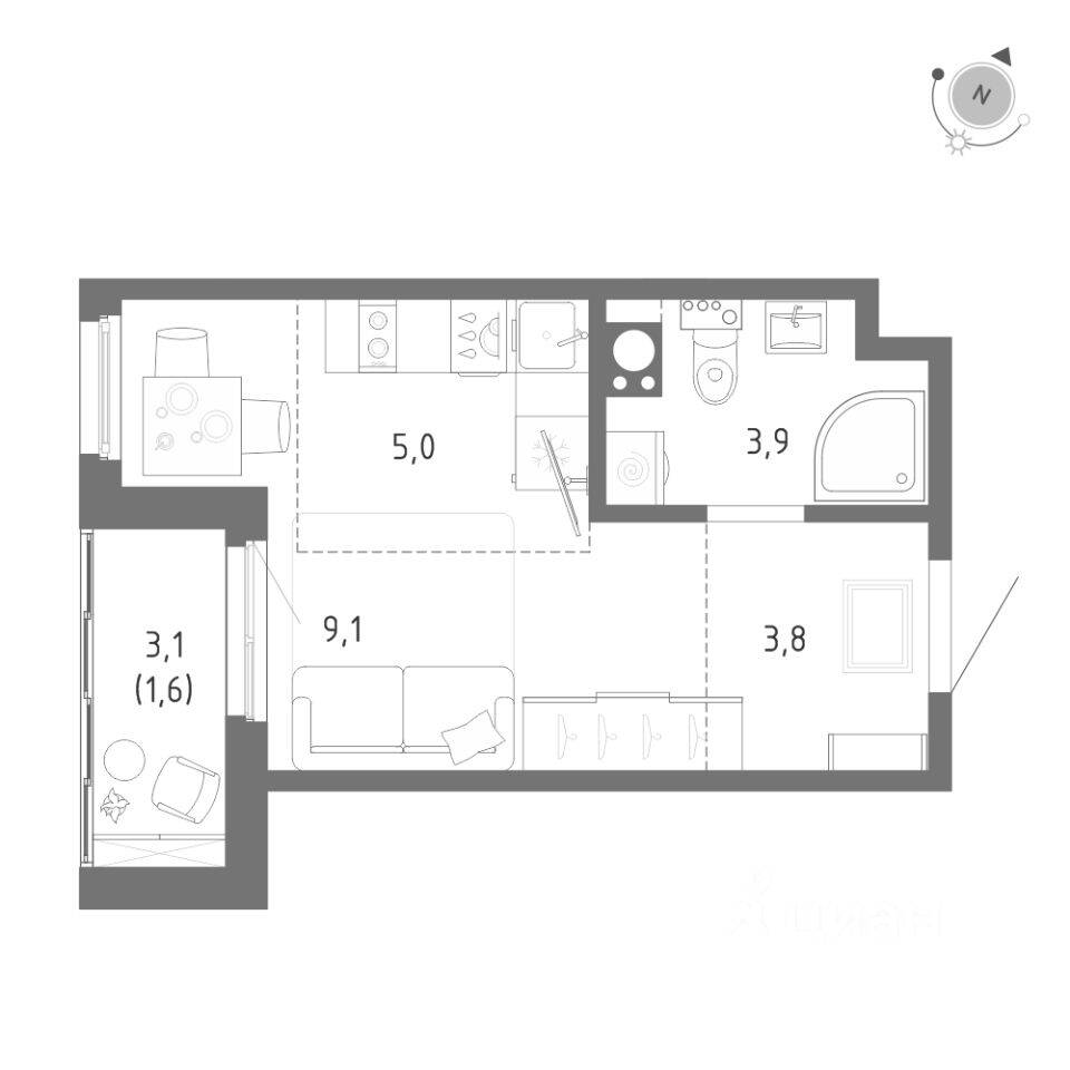 Квартира-студия, 23,4 м², в ЖК Клюква.Парк