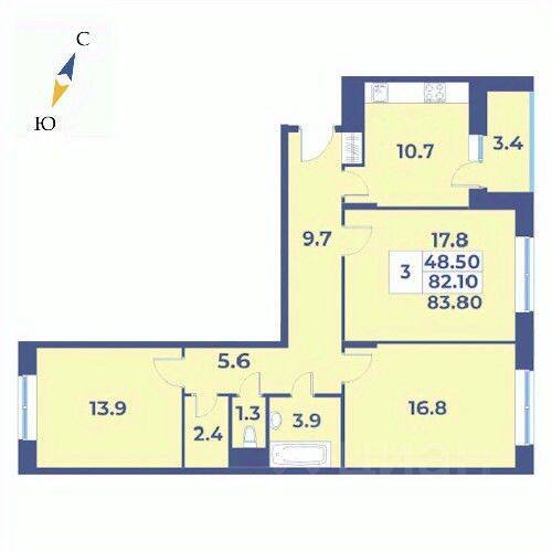 3-комн. квартира, 83,8 м², в ЖК «Эдельвейс» (ЦентрСтрой)
