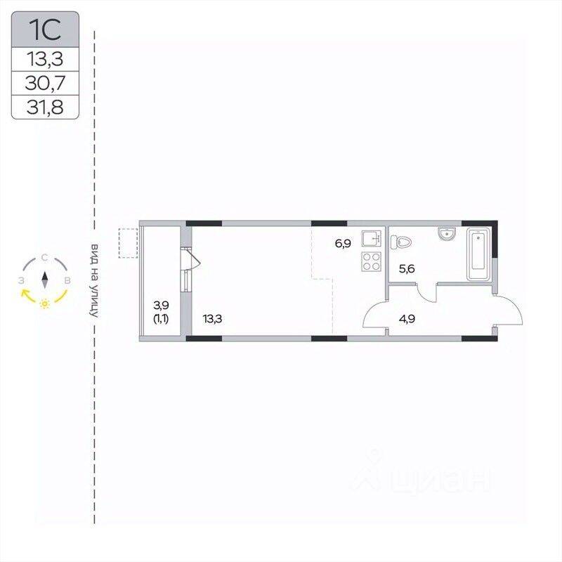 Квартира-студия, 31,8 м², в ЖК «Пироговская Ривьера»