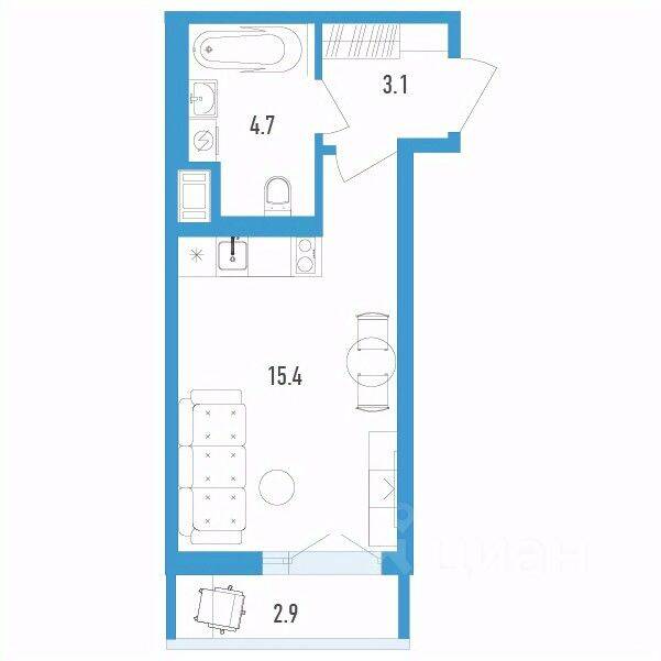 Планировка 1 комнатной квартиры, 24.1 м², в «Aerocity 4»
