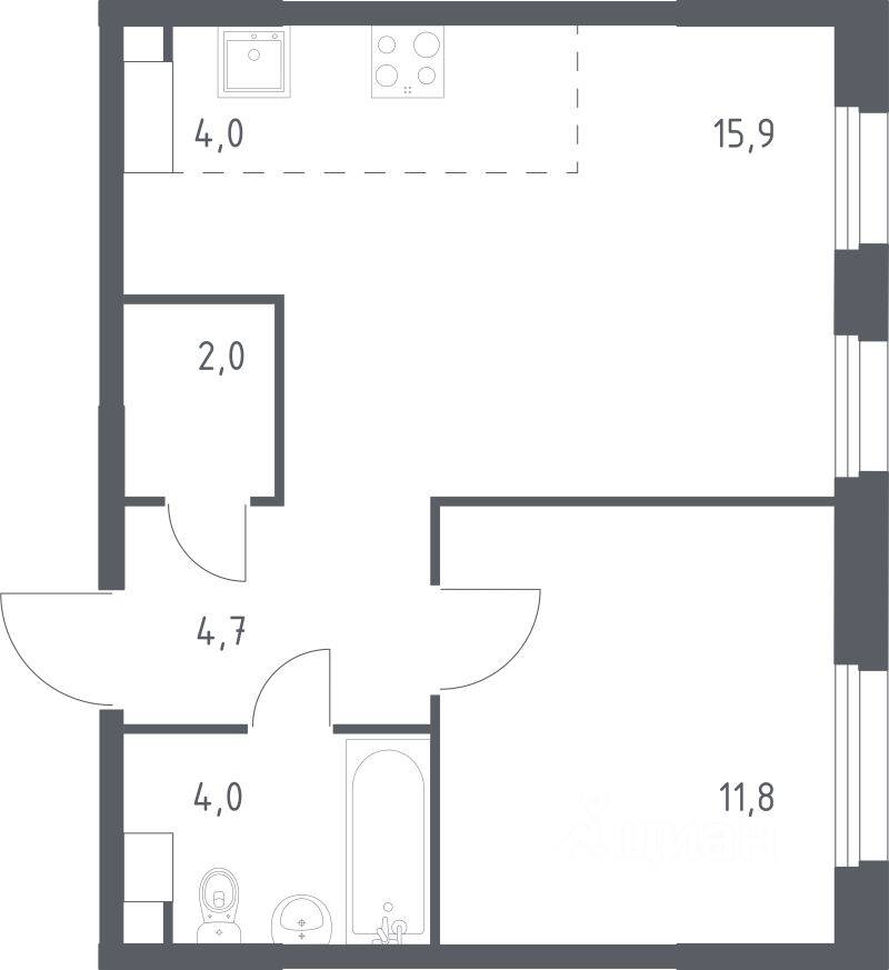 1-комн. квартира, 41,5 м², в ЖК ЭкоБунино
