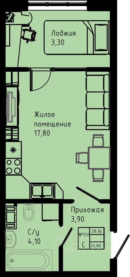 Планировка 1 комнатной квартиры, 29.1 м², в «Pixel»