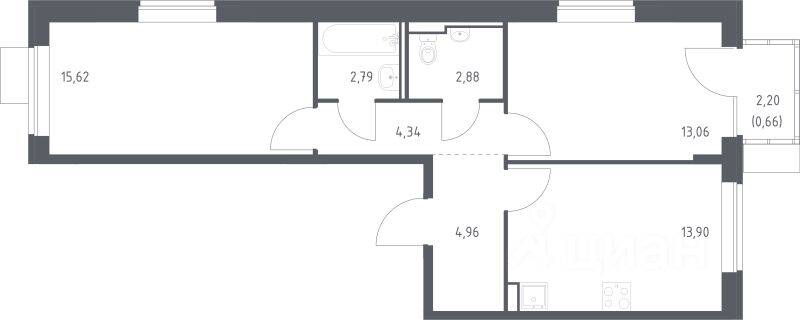 2-комн. квартира, 58,21 м², в ЖК Молжаниново
