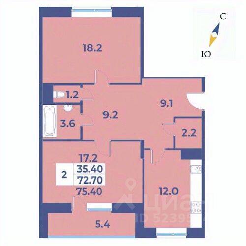 2-комн. квартира, 75,4 м², в ЖК «Эдельвейс» (ЦентрСтрой)