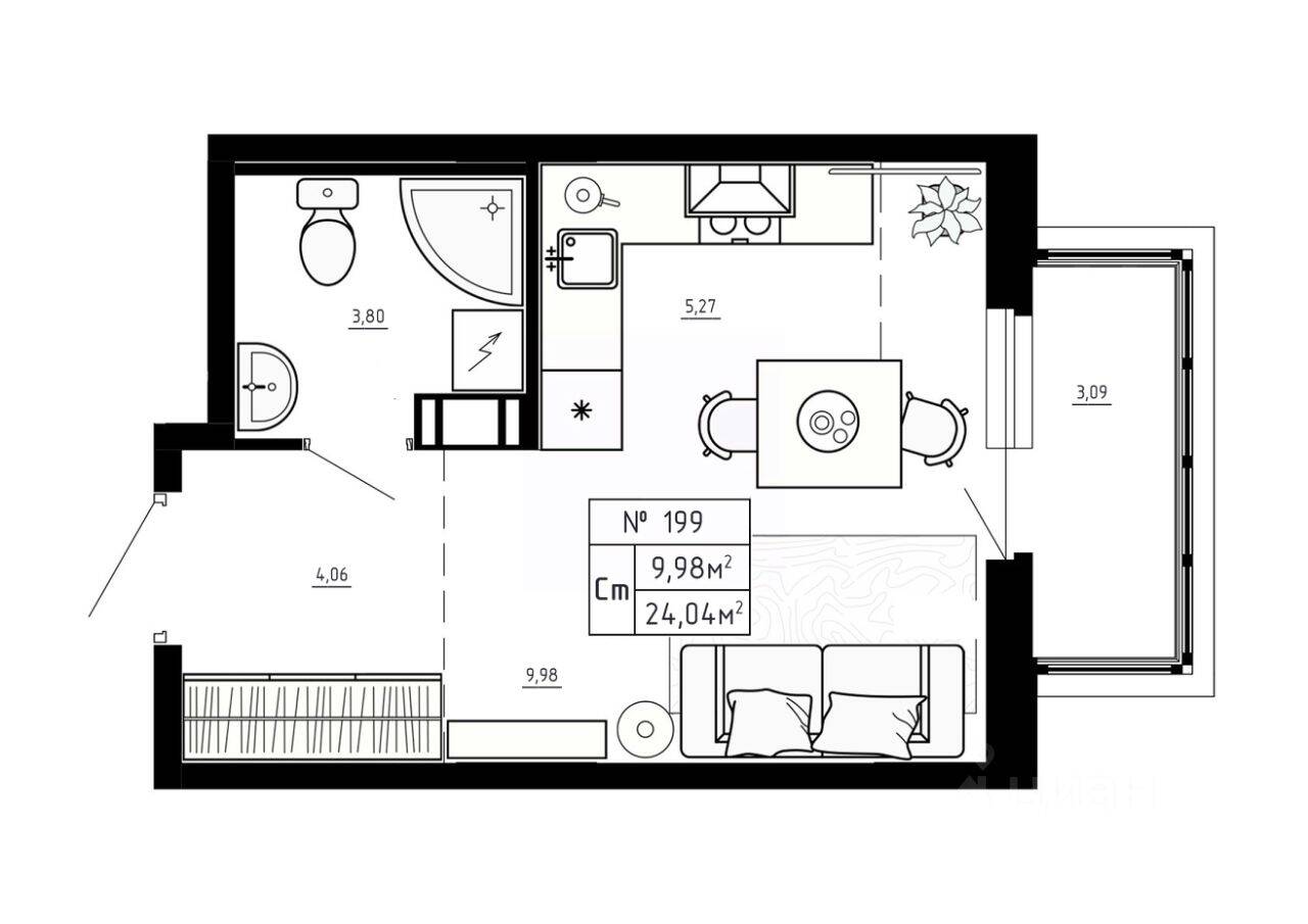 Планировка 1 комнатной квартиры, 24.04 м², в «Аннино Сити»