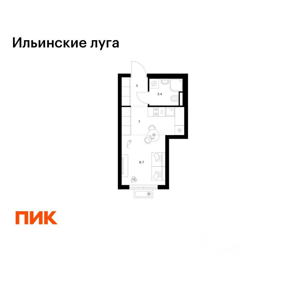 Планировка 1 комнатной квартиры, 22.1 м², в «Ильинские луга»