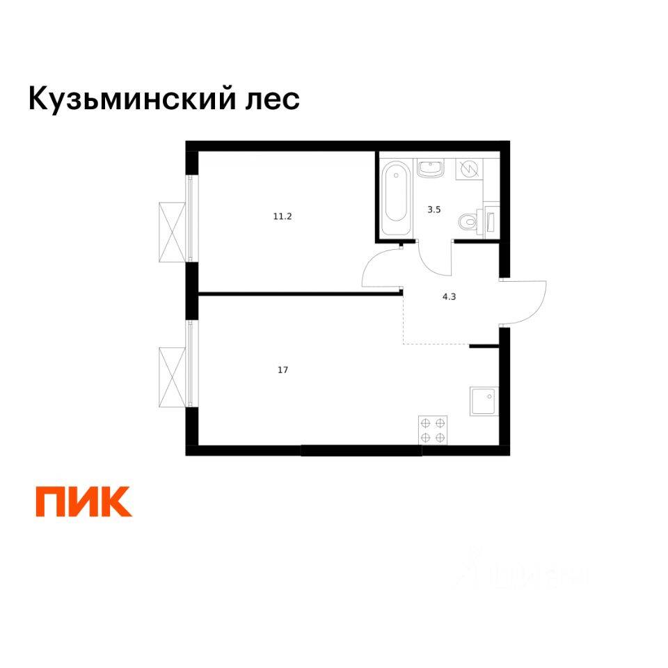 Планировка 1 комнатной квартиры, 36 м², в «Кузьминский лес»