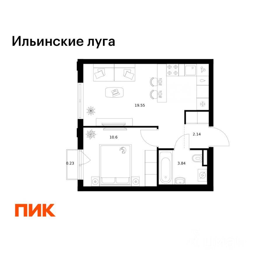 1-комн. квартира, 36,36 м², в ЖК «Ильинские луга»