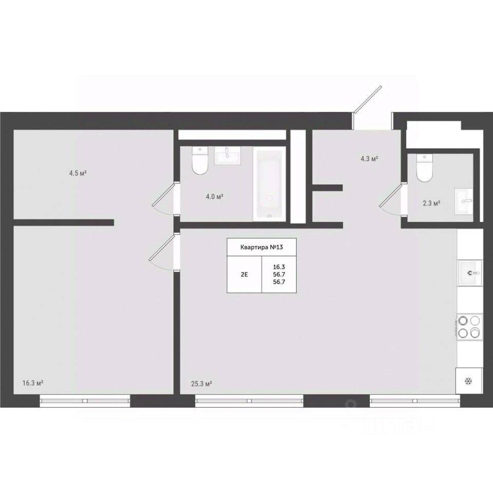 2-комн. квартира, 56,7 м², в ЖК «Яковлево»