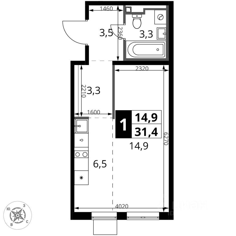 Квартира-студия, 31,3 м², в ЖК 1-й Донской