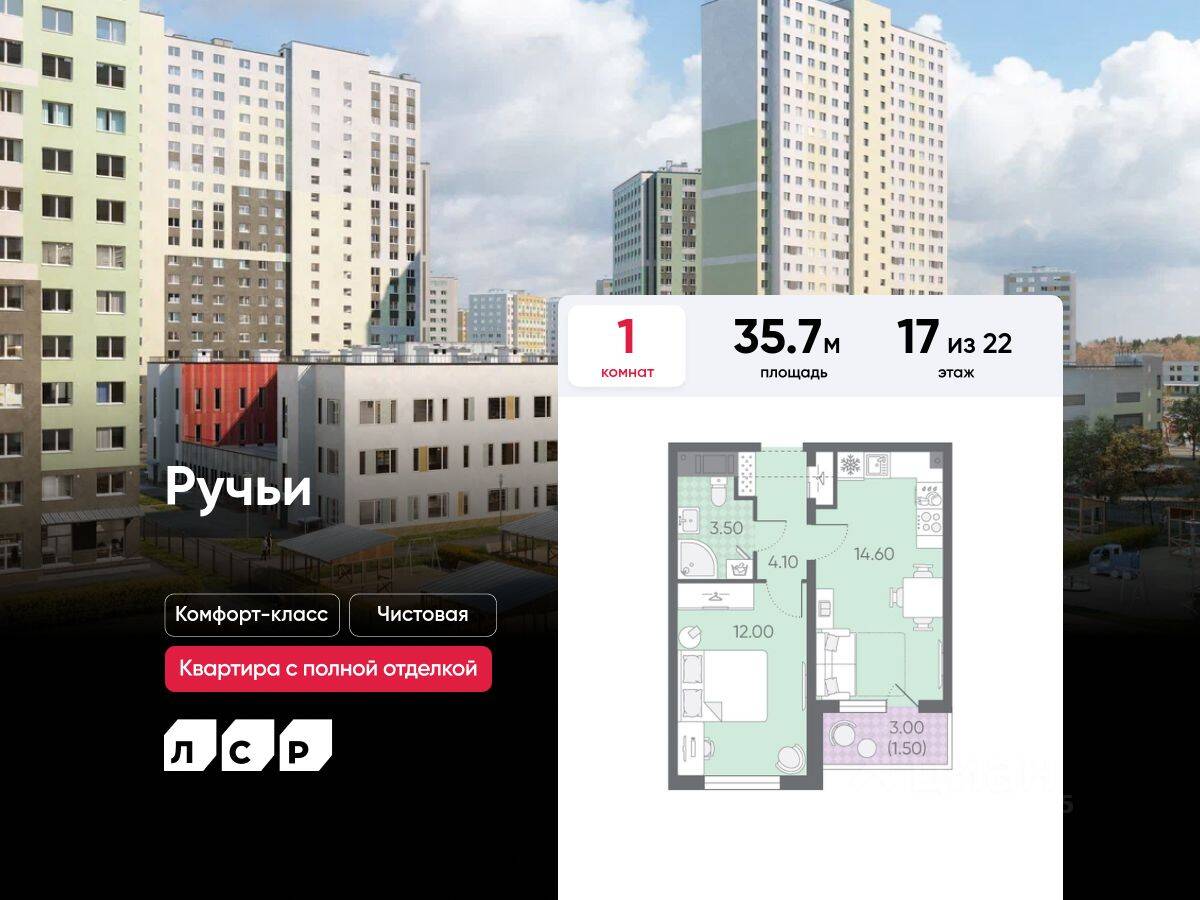 1-комн. квартира, 35,7 м², в ЖК «Ручьи»