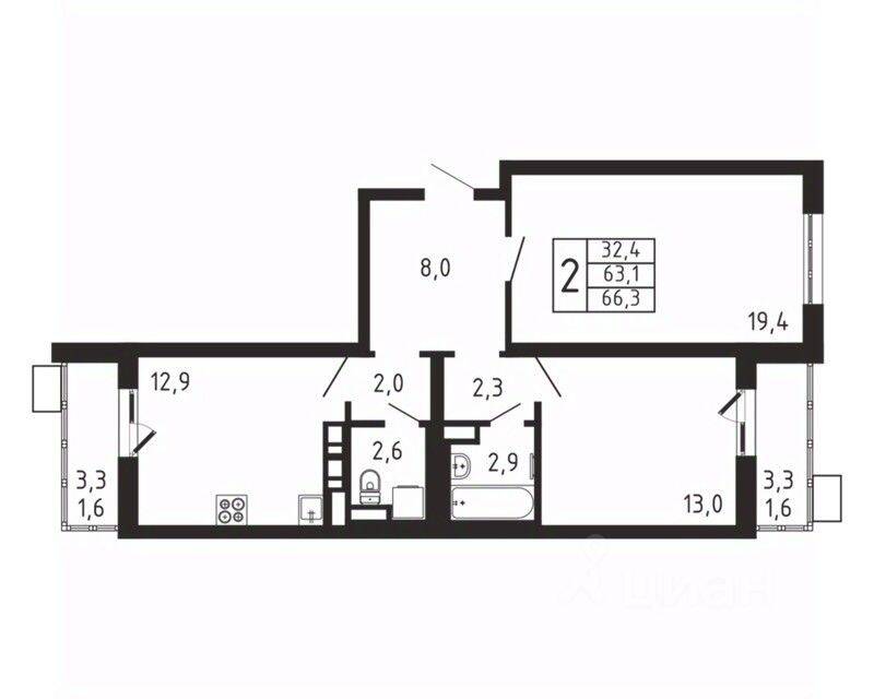 2-комн. квартира, 66,3 м², в ЖК «Пироговская Ривьера»