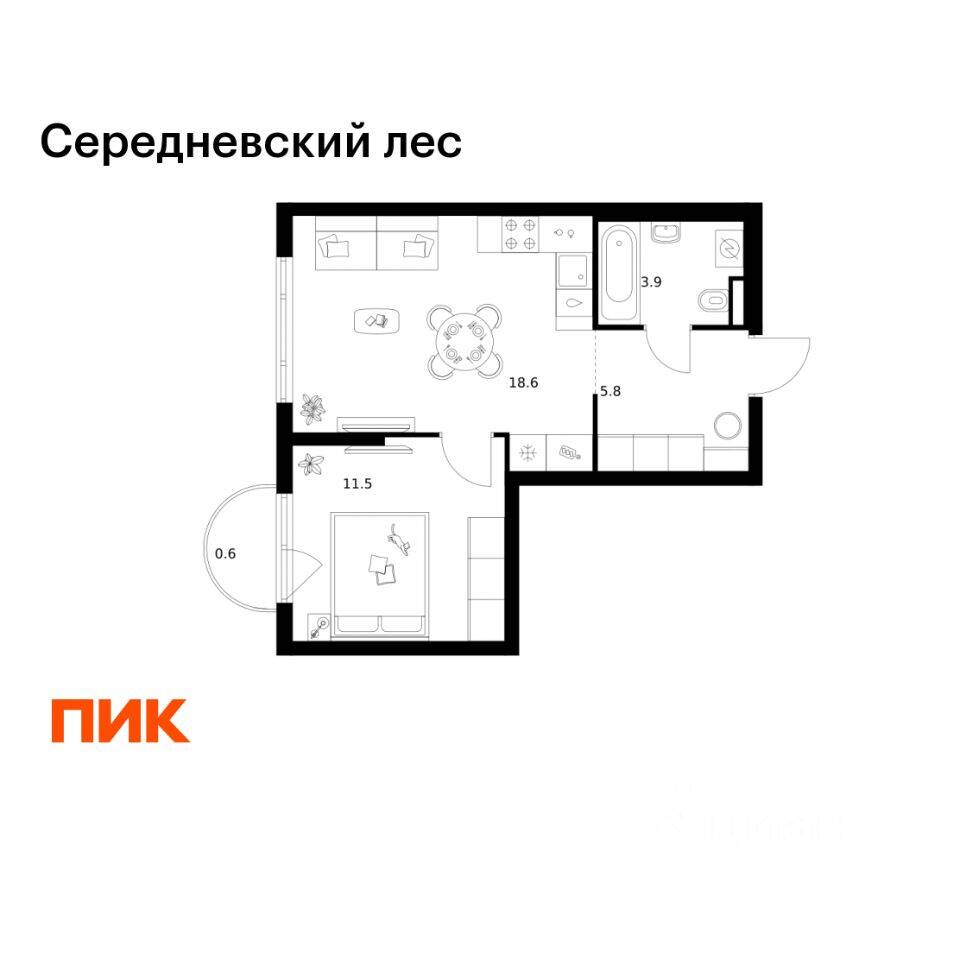 1-комн. квартира, 40,4 м², в ЖК Середневский лес