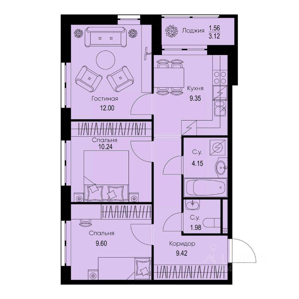 3-комн. квартира, 58,3 м², в ЖК ID Kudrovo II