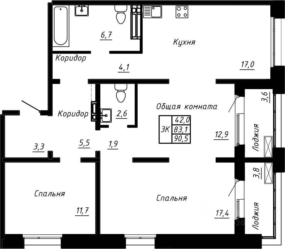 3-комн. квартира, 90,5 м², в ЖК Сибирь