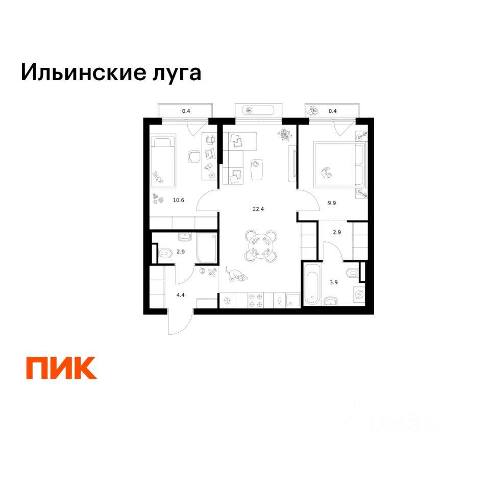 2-комн. квартира, 57,8 м², в ЖК «Ильинские луга»