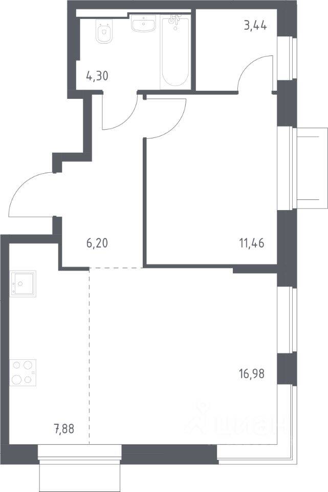 Планировка 1 комнатной квартиры, 50.26 м², в «Квартал Домашний»
