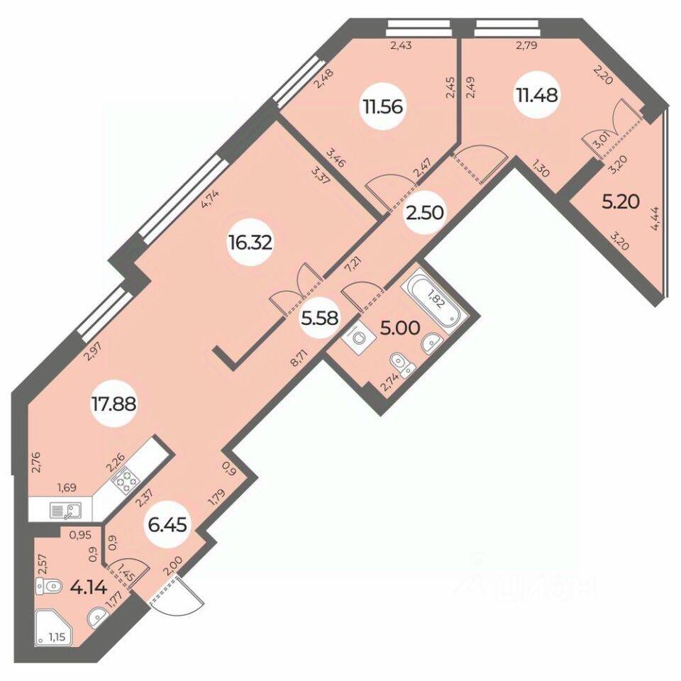 3-комн. квартира, 83,51 м², в ЖК «Огни Залива»