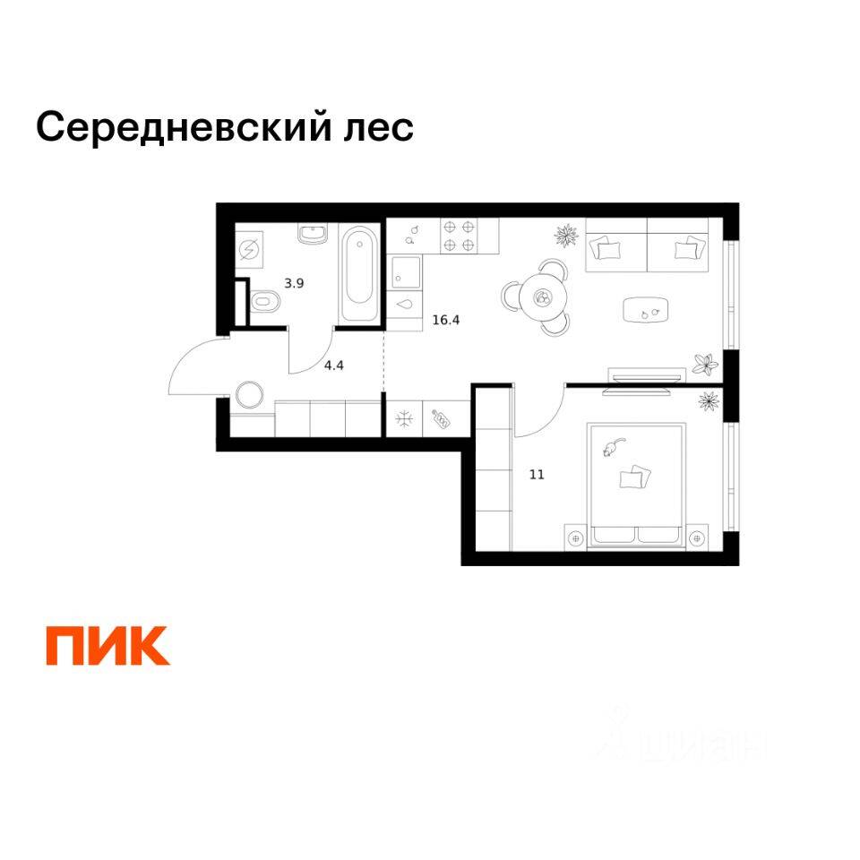 1-комн. квартира, 35,7 м², в ЖК Середневский лес