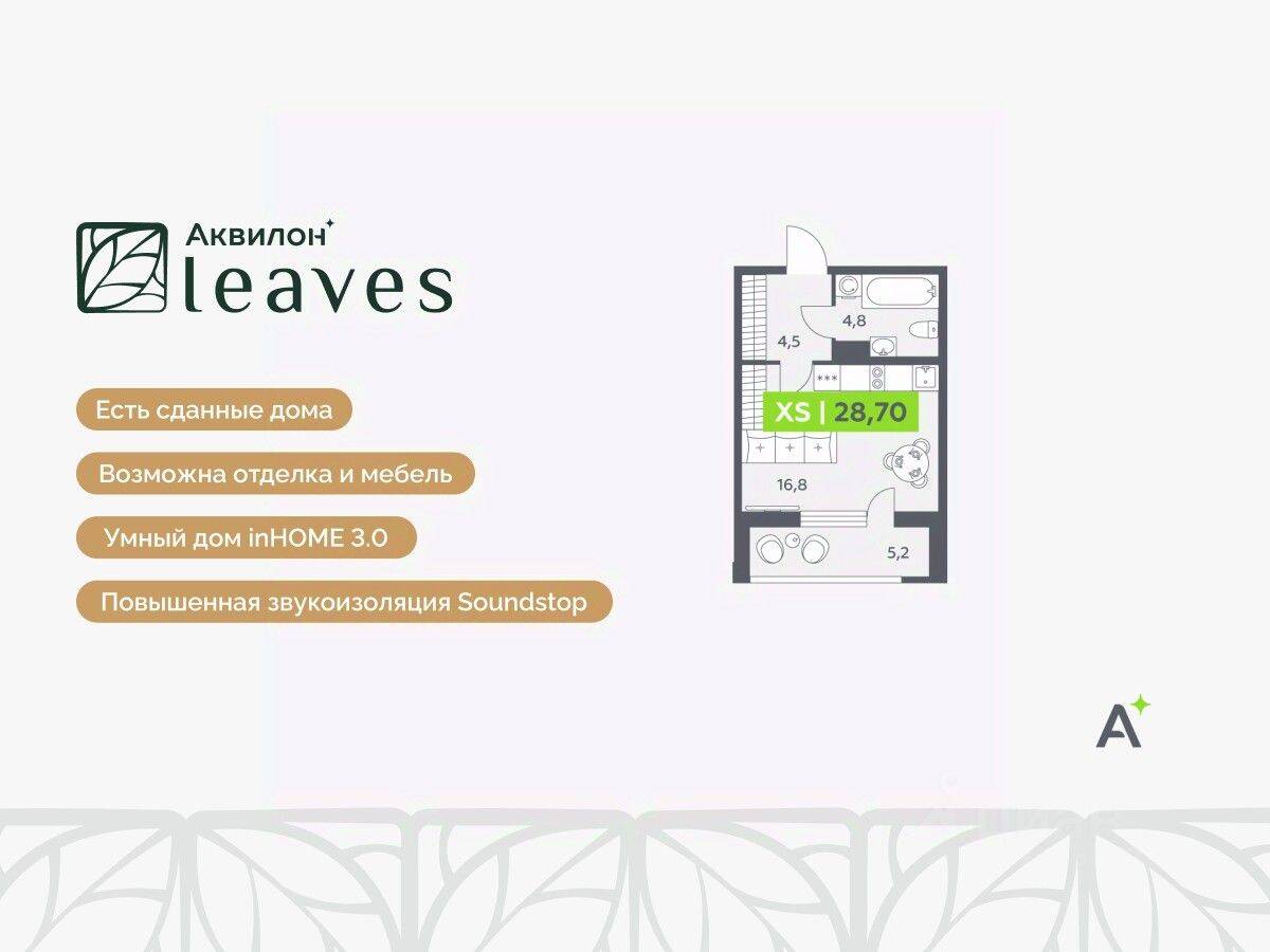 Планировка 1 комнатной квартиры, 28.7 м², в «Аквилон Leaves»