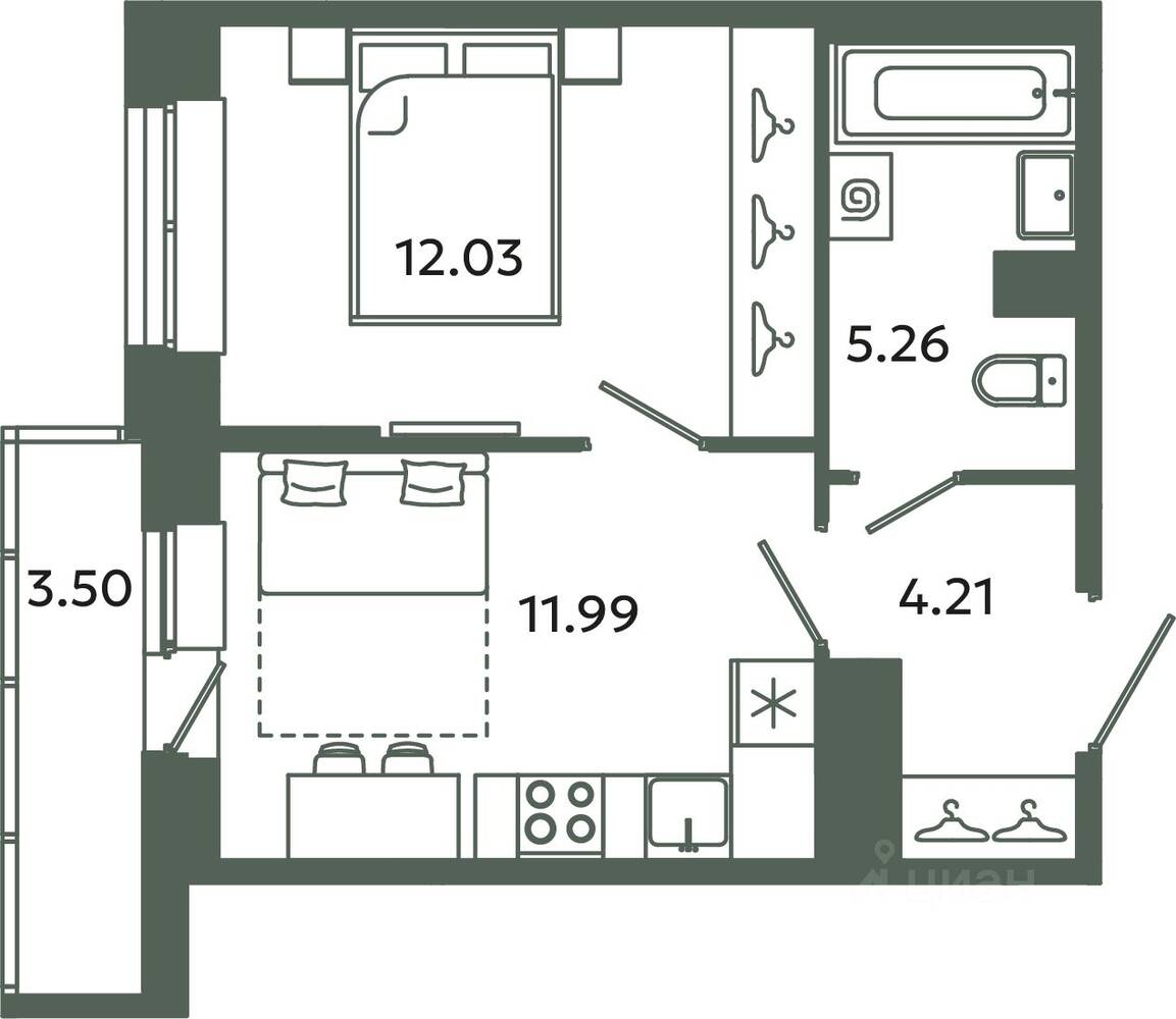 1-комн. квартира, 33,49 м², в ЖК Загляденье