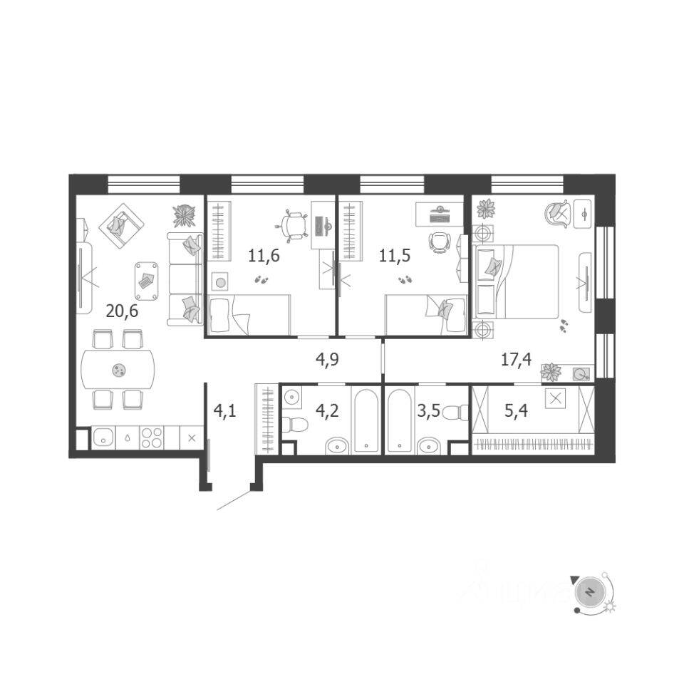3-комн. квартира, 83,7 м², в ЖК Жилой квартал Shagal