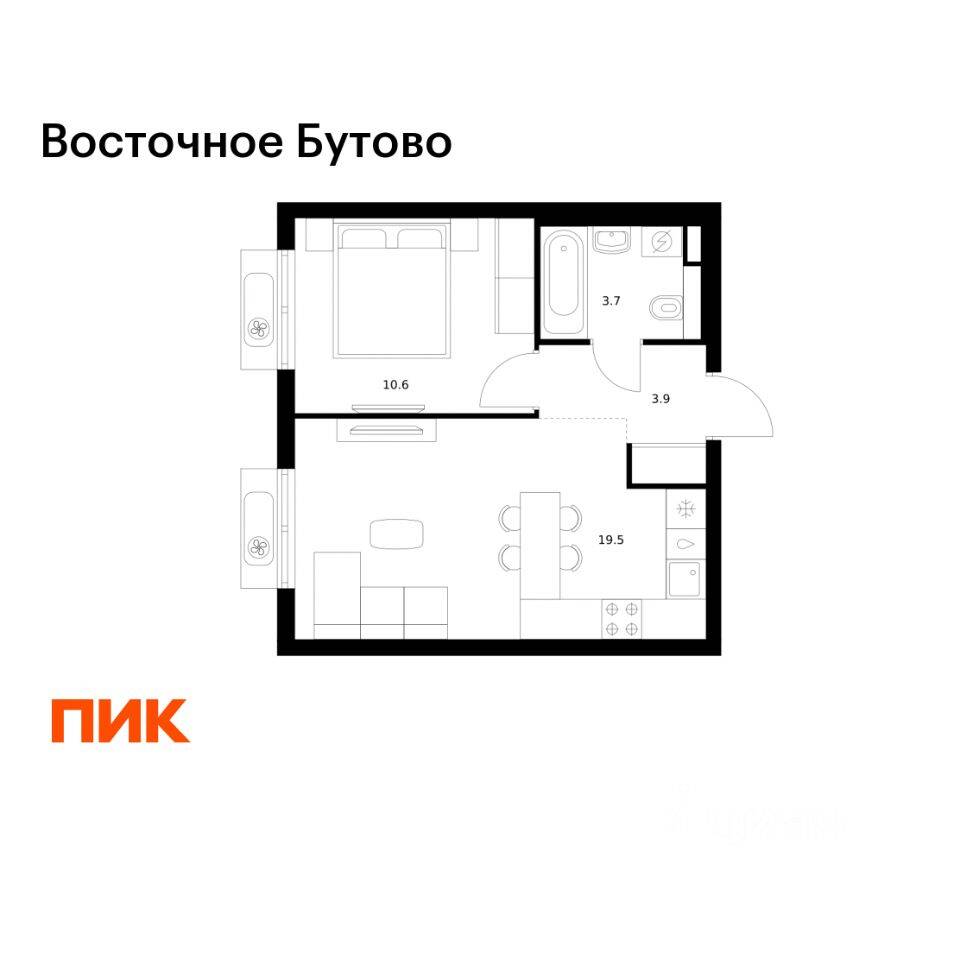 1-комн. квартира, 37,7 м², в ЖК «Восточное Бутово»